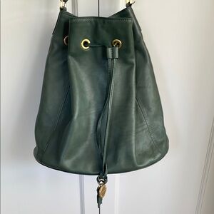 T Tahari forest Green genuine Leather Bucket Bag